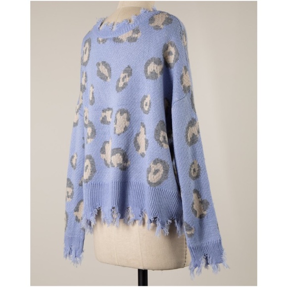 Miracle Cozy Leopard print v neck frayed Distressed Sweater - Picture 2 of 3